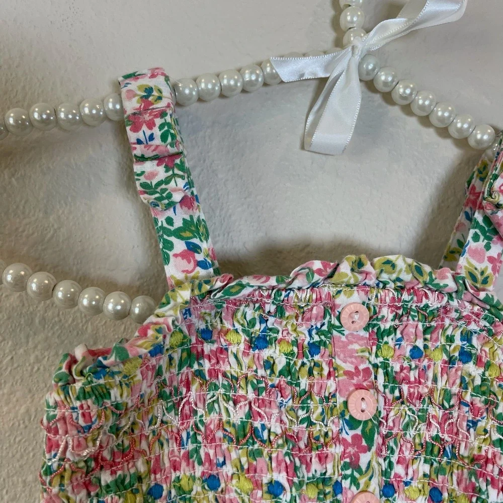 Joie Toddler Girls Floral Smocked Tiered Pom Pom Trim Dress Size 2T Multicolor